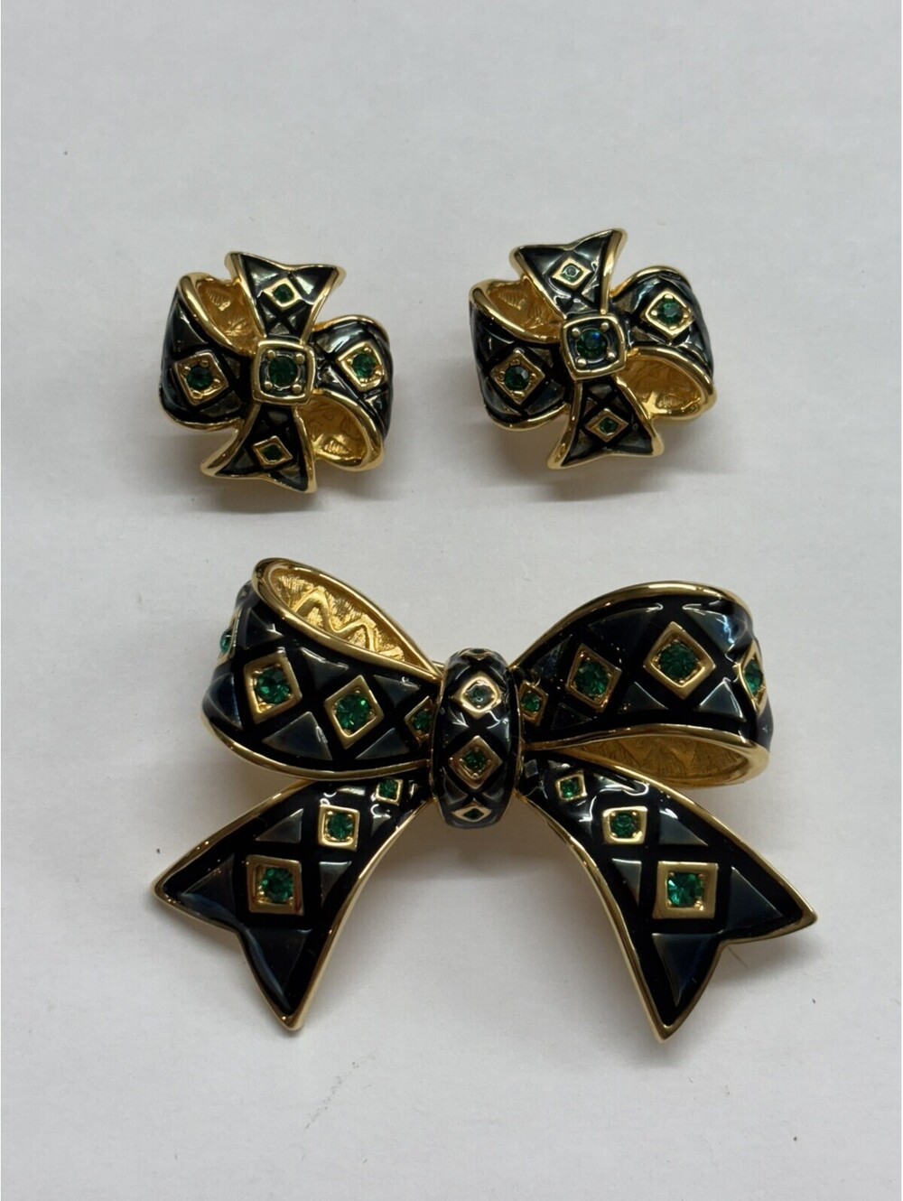 Vintage Joan Rivers Blue Enamel & Green Crystal Bow Brooch Earrings Set